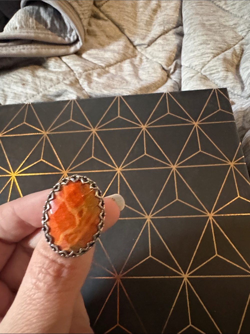 Bold Orange Stone Oval Silver-Tone Ring - Women Jewelry